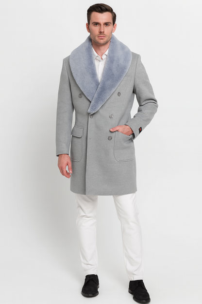 Mens Light Grey Double Breasted Overcoat with Faux Fur Shawl Collar  Winter Luxury Coat Wool Fabric