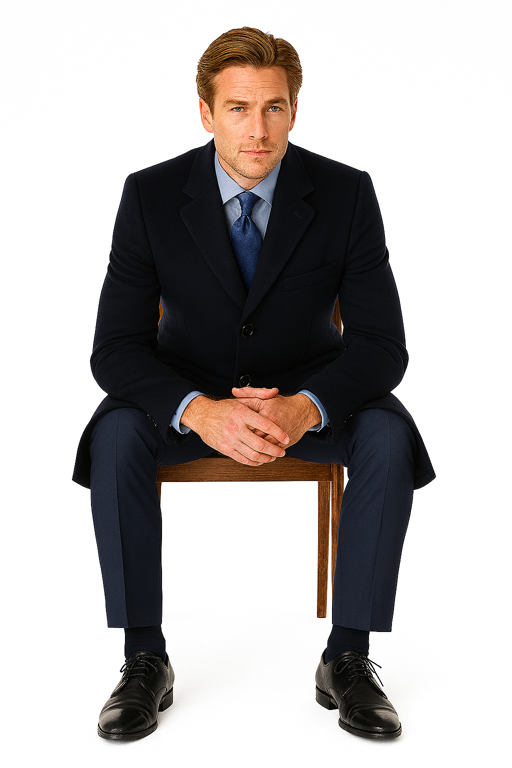 Pure Wool Full-Length Men’s Navy Overcoat – Classic Winter Dress Coat