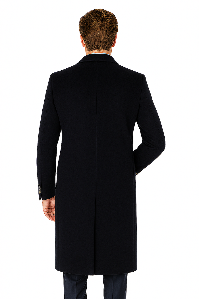 Pure Wool Full-Length Mens Navy Overcoat  Classic Winter Dress Coat