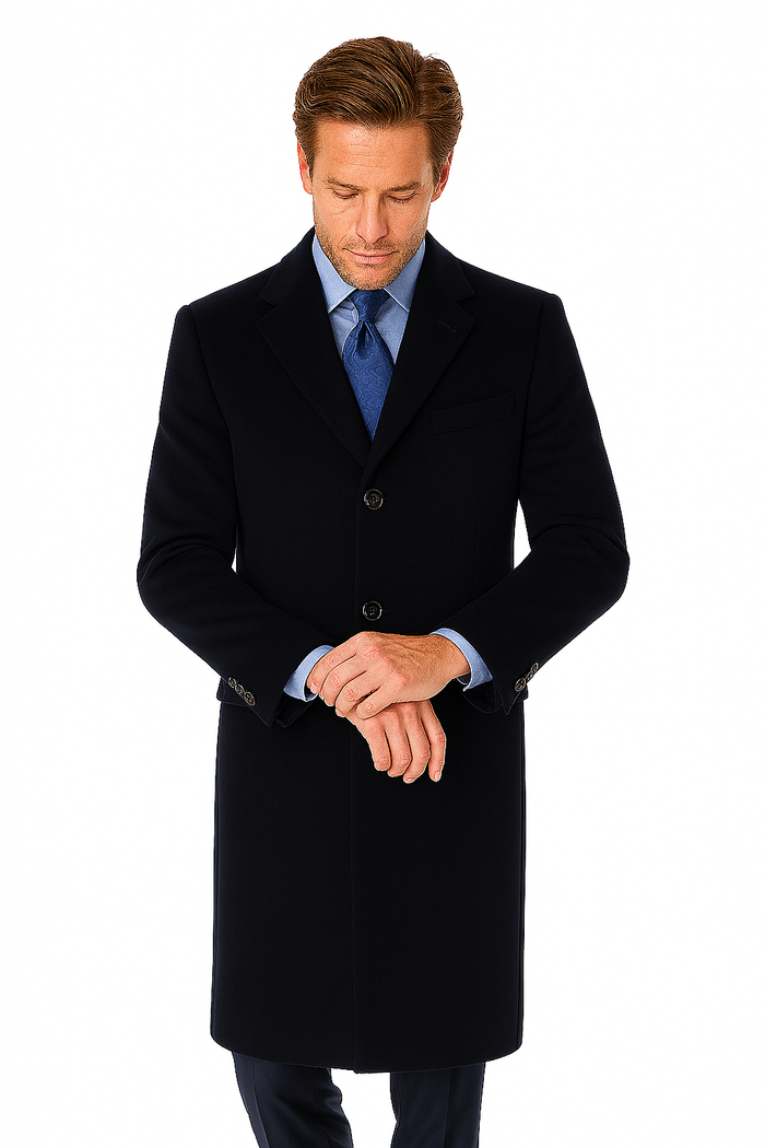 Pure Wool Full-Length Mens Navy Overcoat  Classic Winter Dress Coat