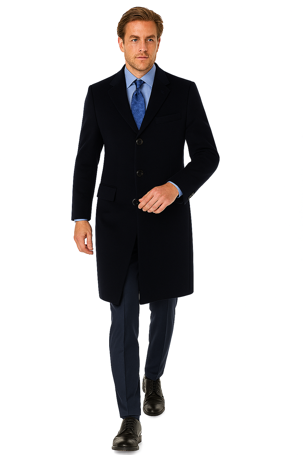 Pure Wool Full-Length Mens Navy Overcoat  Classic Winter Dress Coat