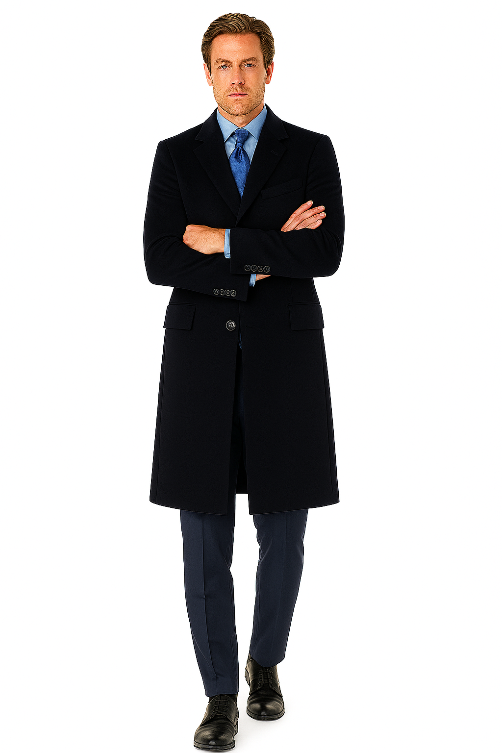 Pure Wool Full-Length Mens Navy Overcoat  Classic Winter Dress Coat
