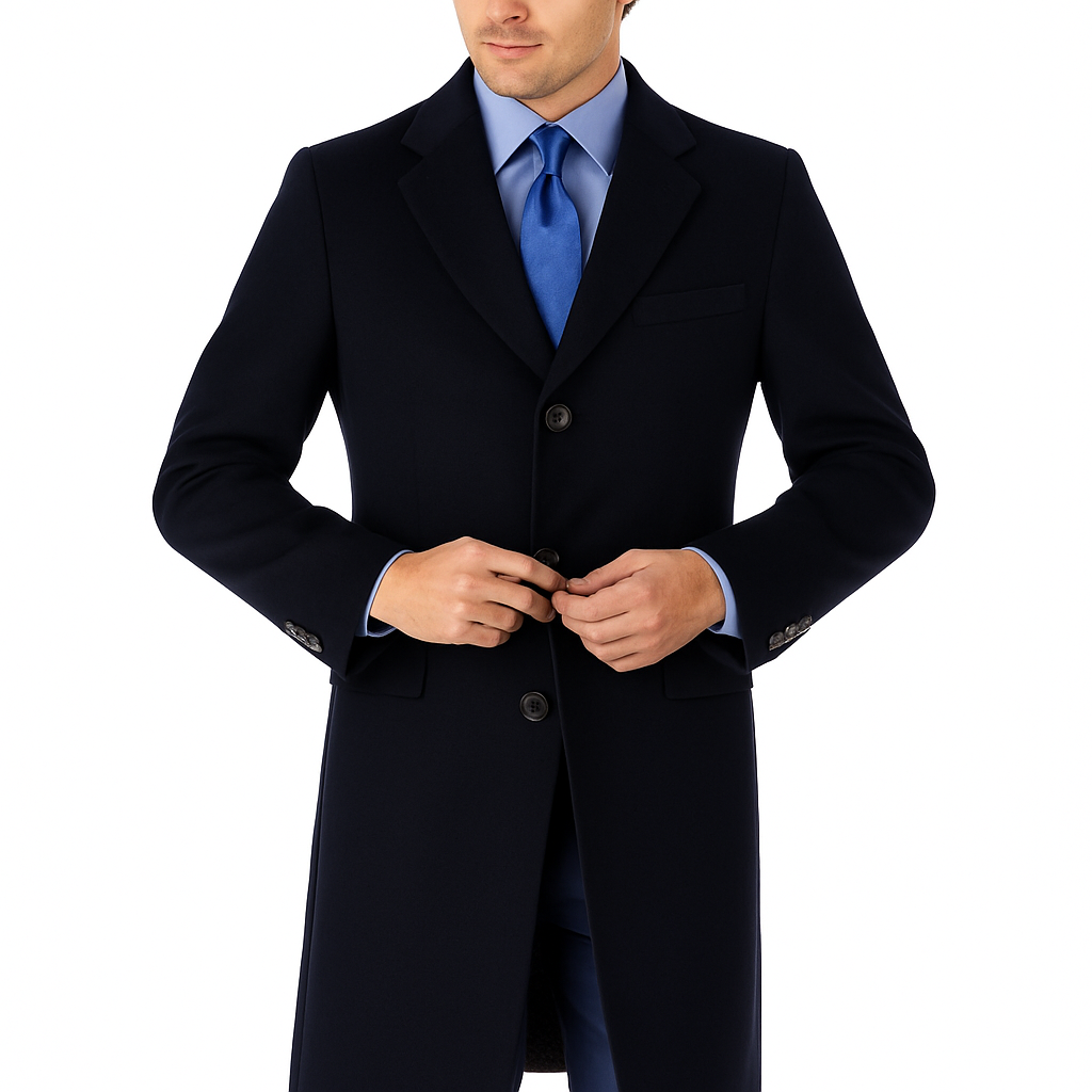 Pure Wool Full-Length Mens Navy Overcoat  Classic Winter Dress Coat