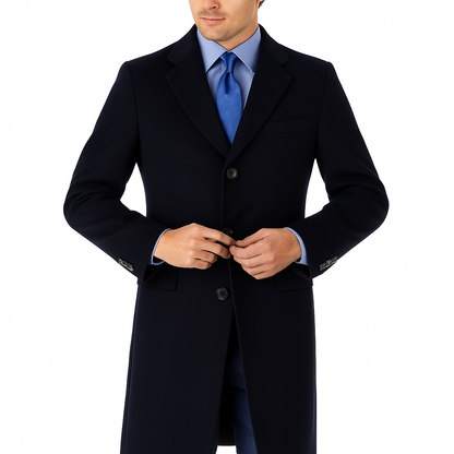 Pure Wool Full-Length Mens Navy Overcoat  Classic Winter Dress Coat