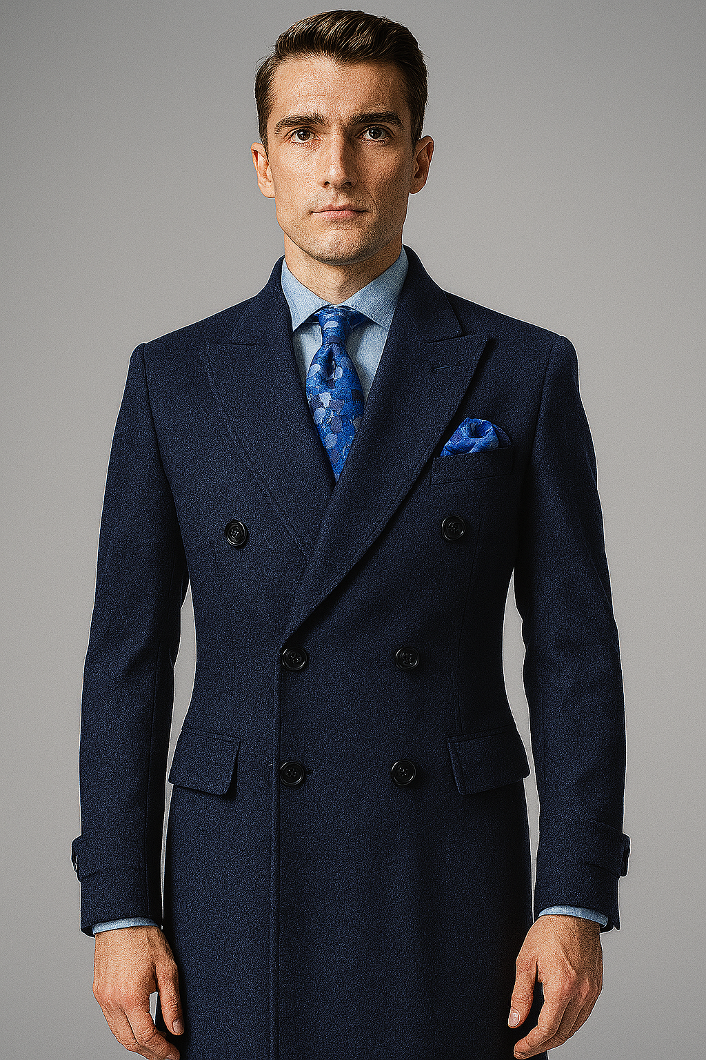 "Men's Navy Wool Peacoat  Double Breasted 3/4 Length Overcoat"
