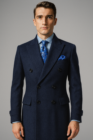 "Men's Navy Wool Peacoat  Double Breasted 3/4 Length Overcoat"