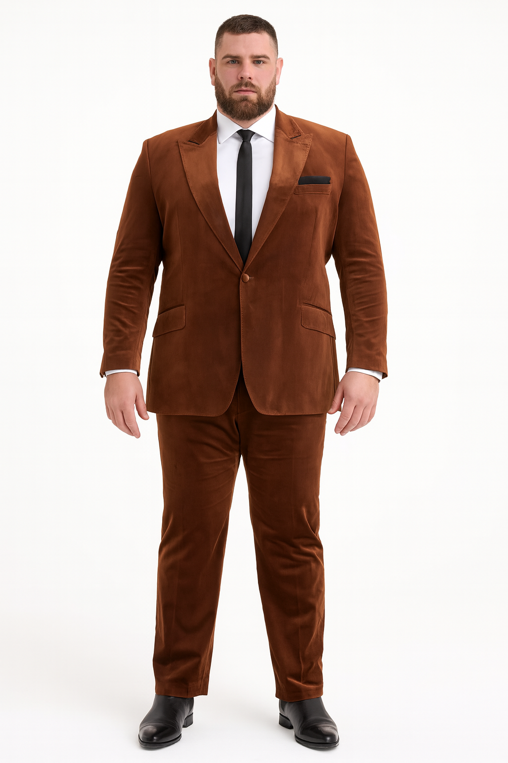 Mens Brown Velvet 2-Piece Suit  Luxury Slim Fit Formal Blazer and Pants Set in Rust Copper Color