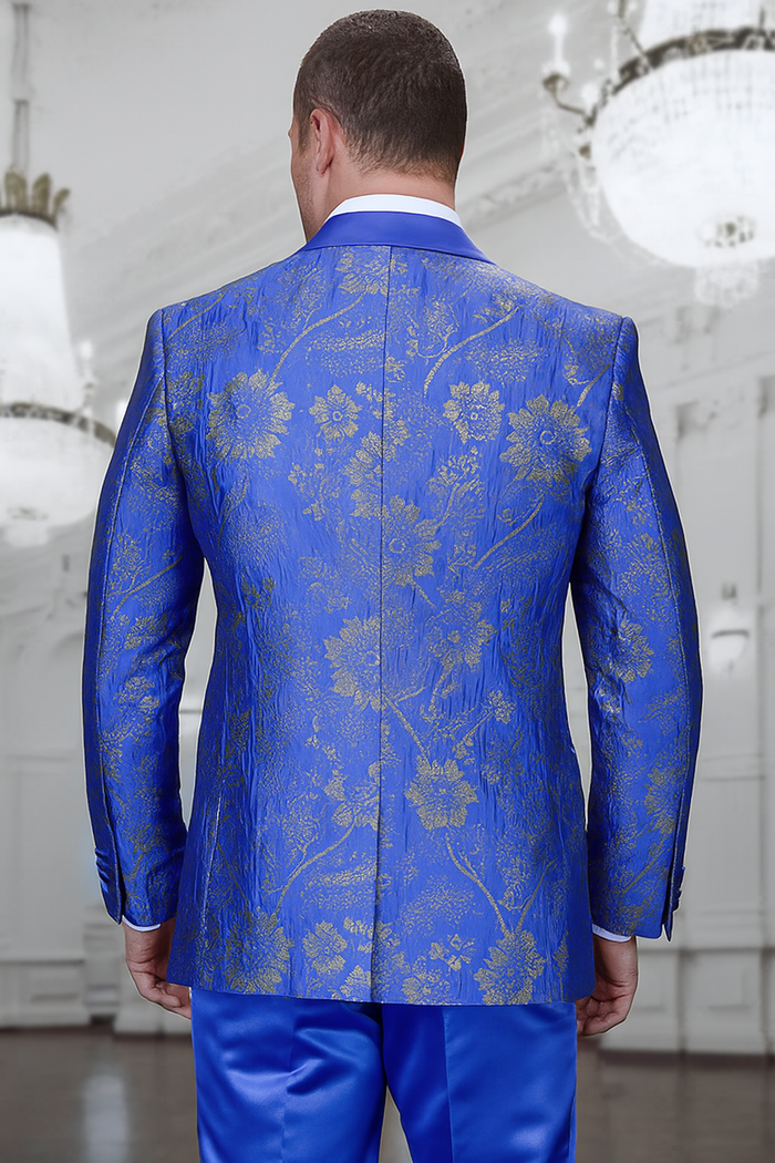 Men's royal blue paisley lace print tuxedo with double breasted vest  prom & wedding suit