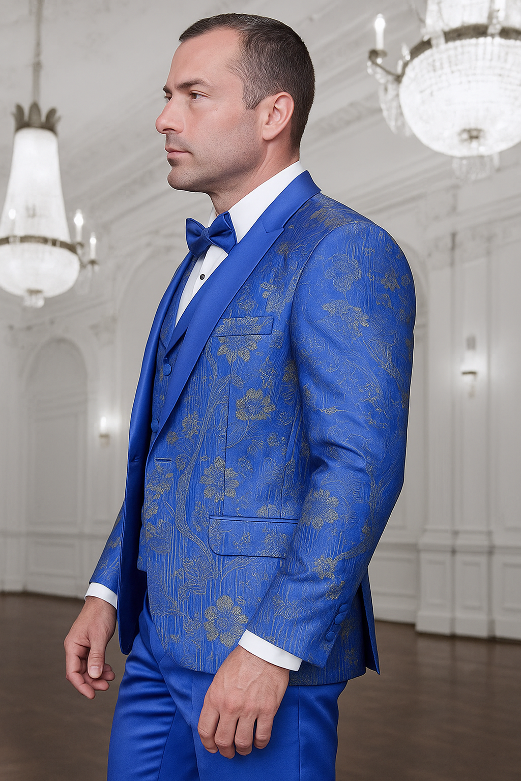 Men's royal blue paisley lace print tuxedo with double breasted vest  prom & wedding suit