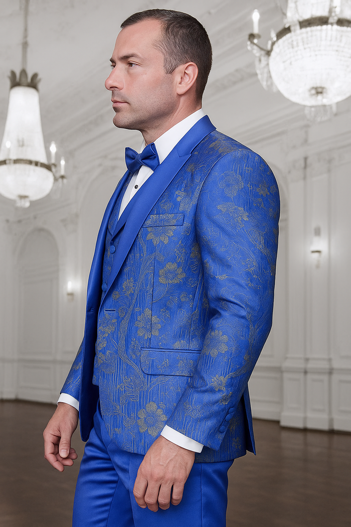 Men's royal blue paisley lace print tuxedo with double breasted vest  prom & wedding suit