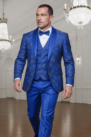 Men's royal blue paisley lace print tuxedo with double breasted vest  prom & wedding suit