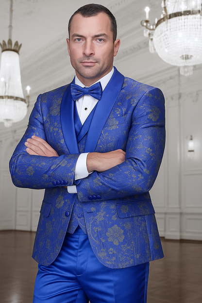 Men's royal blue paisley lace print tuxedo with double breasted vest  prom & wedding suit