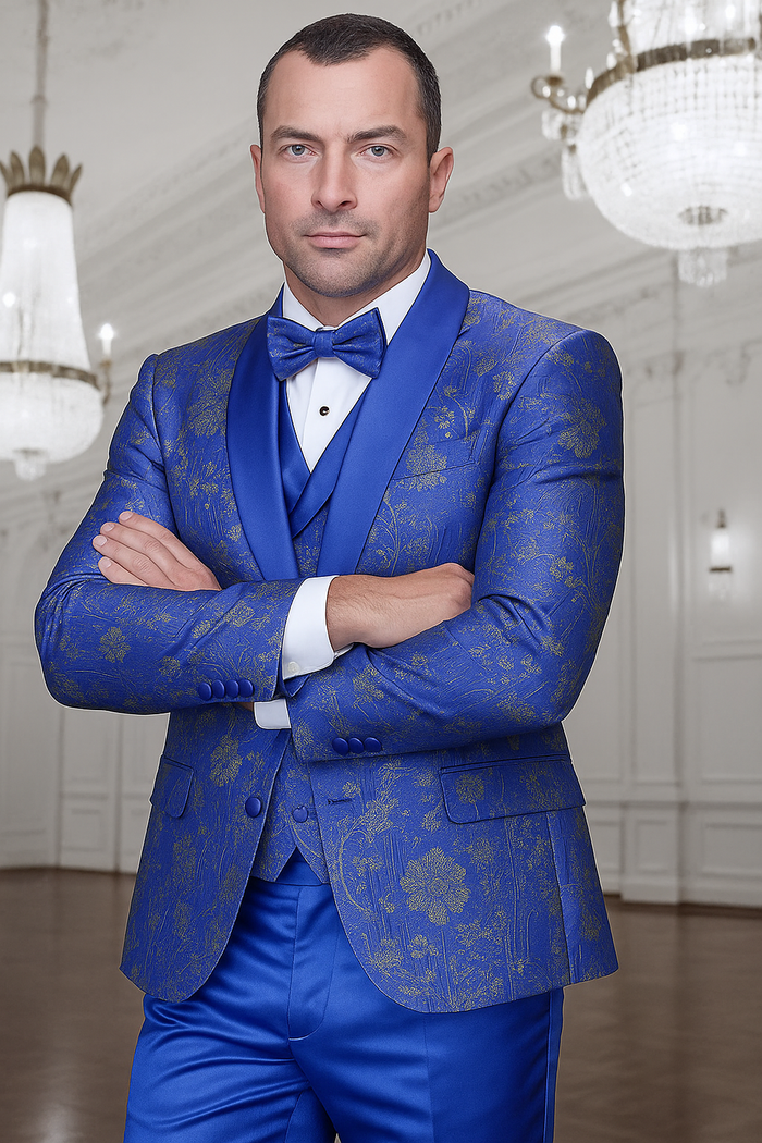 Men's royal blue paisley lace print tuxedo with double breasted vest  prom & wedding suit