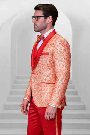 Coral Orange Men's Shiny Paisley Wedding Tuxedo with Double Breasted Vest & Satin Pants