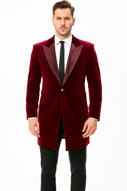Mens Burgundy Tuxedo in  Velvet  Long Blazer  Victorian Cutaway Tuxedo Suit 1920s Gangster Style Long Jacket with Black Pants