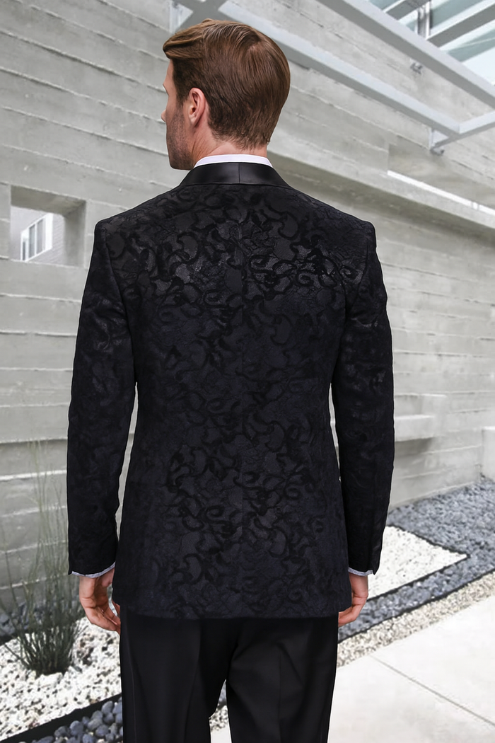 Men's Black Paisley Velvet Smoking Jacket Tuxedo with Vested Double Breasted Prom & Wedd