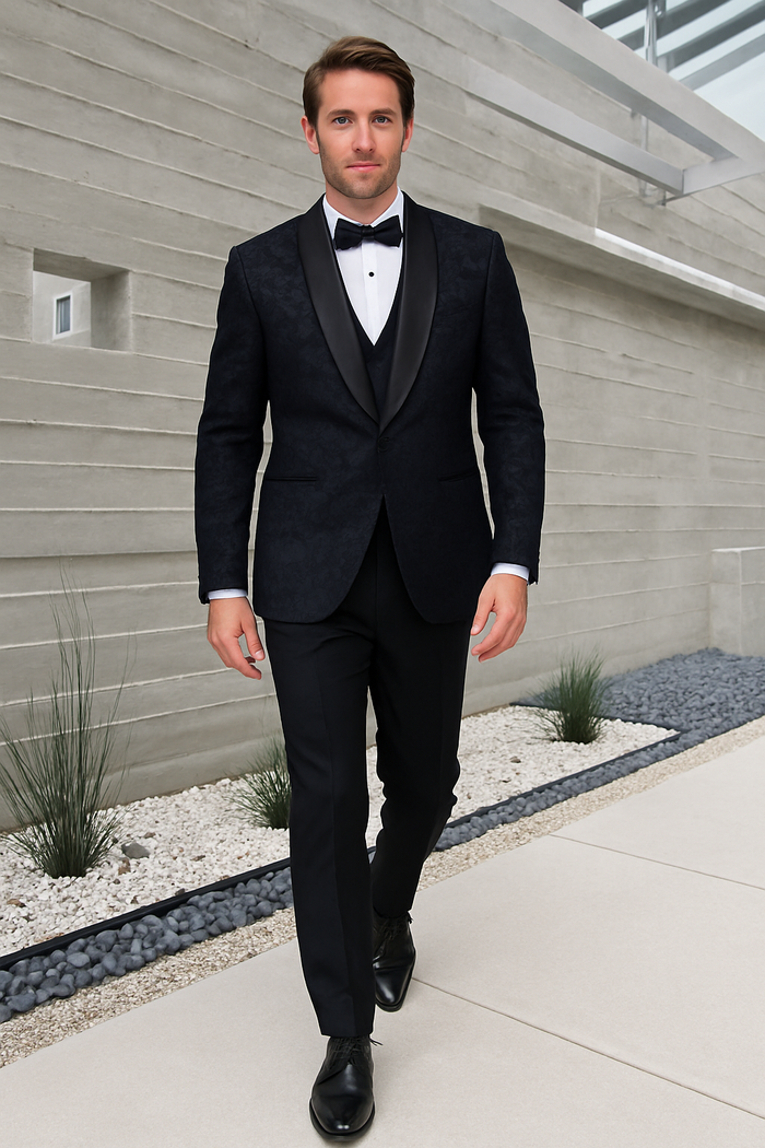Men's Black Paisley Velvet Smoking Jacket Tuxedo with Vested Double Breasted Prom & Wedd
