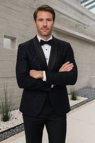 Men's Black Paisley Velvet Smoking Jacket Tuxedo with Vested Double Breasted Prom & Wedd