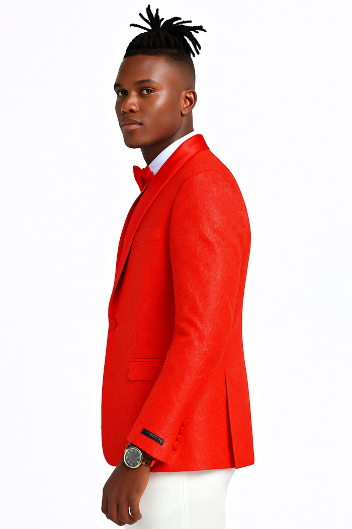 Mens Slim Fit Tonal Paisley Tuxedo Jacket in Red for Wedding & Prom