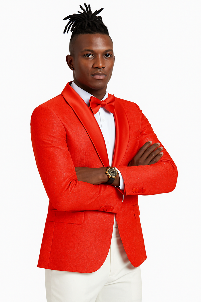 Mens Slim Fit Tonal Paisley Tuxedo Jacket in Red for Wedding & Prom