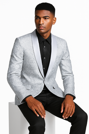Mens Silver Grey Tonal Paisley Tuxedo Jacket  Slim Fit Wedding & Prom Blazer