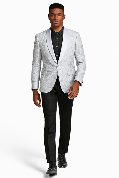 Mens Silver Grey Tonal Paisley Tuxedo Jacket  Slim Fit Wedding & Prom Blazer