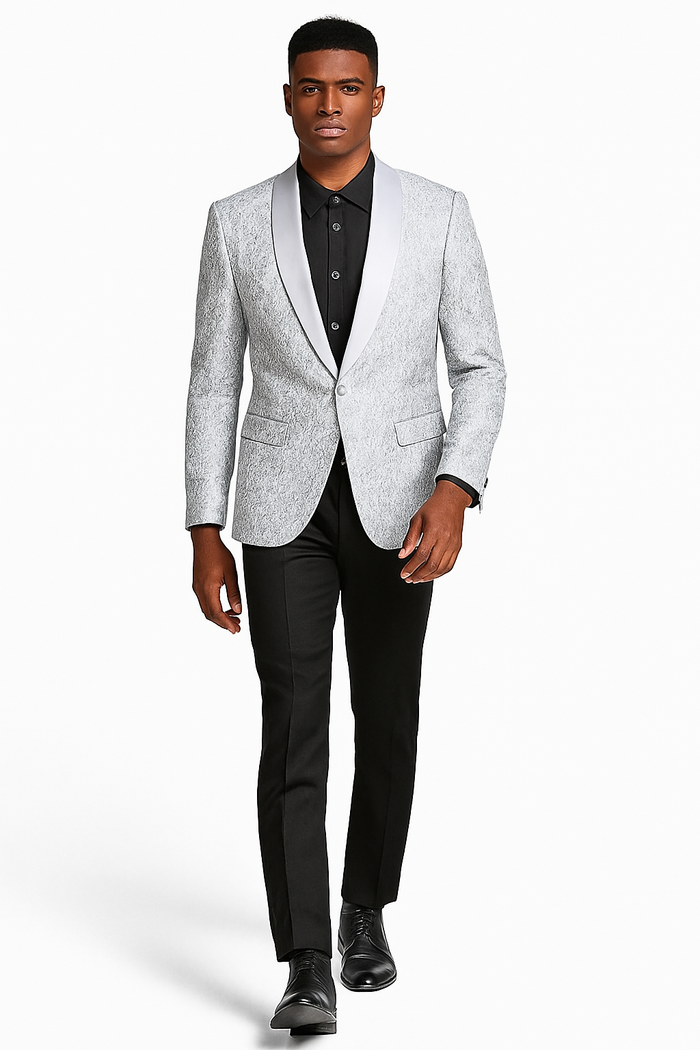 Mens Silver Grey Tonal Paisley Tuxedo Jacket  Slim Fit Wedding & Prom Blazer