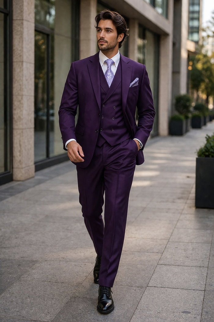Mens Two Button Fashion Double Breasted Purple Suit