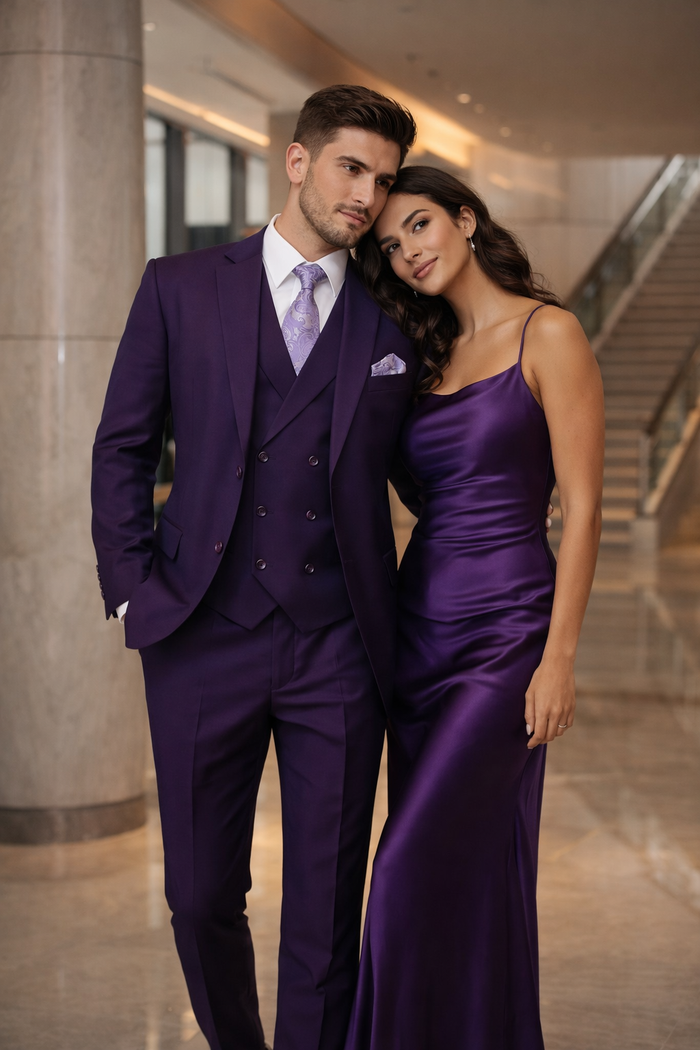 Mens Two Button Fashion Double Breasted Purple Suit