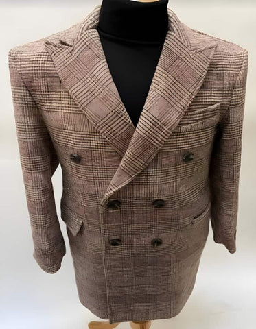 Mens Plaid Overcoat - Hounstooth Checker Pattern Topcoat - Double Breasted Six Button Rust Brown - Men's Tuxedo USA