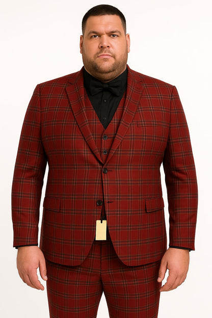 Mens Burgundy Plaid Three-Piece Suit  Ultra Slim Fit Checkered Windowpane Redish 544-10