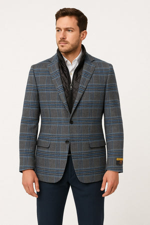 Mens Blue & Grey Checkered Wool Blazer with Quilted Inner Layer  Alberto Nardoni Collection
