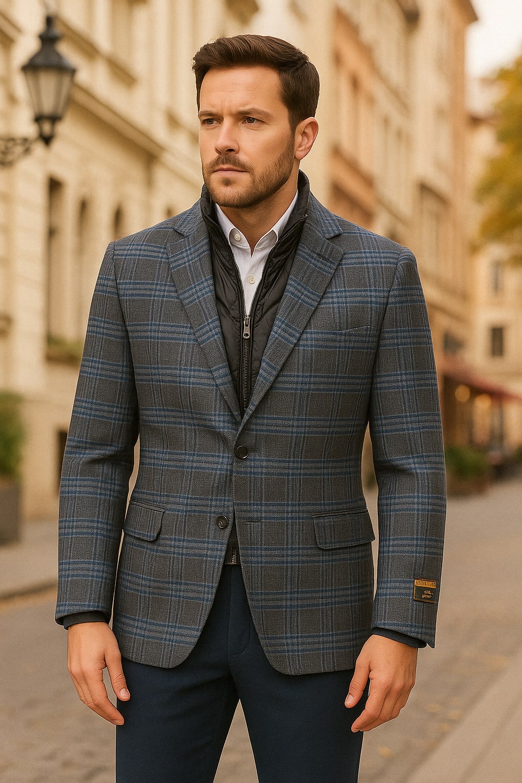 Mens Blue & Grey Checkered Wool Blazer with Quilted Inner Layer  Alberto Nardoni Collection