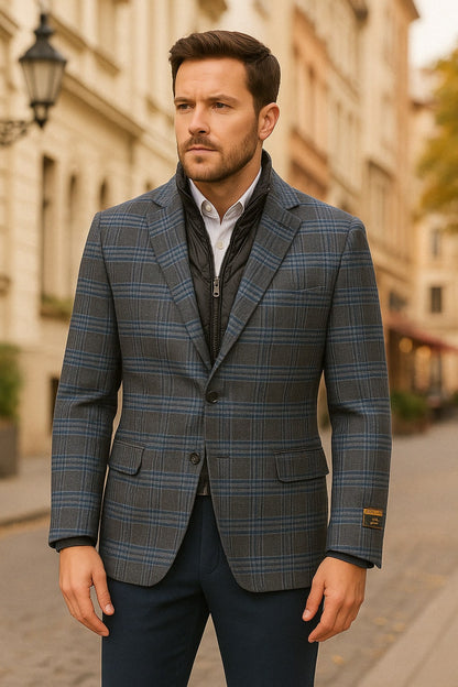 Mens Blue & Grey Checkered Wool Blazer with Quilted Inner Layer  Alberto Nardoni Collection