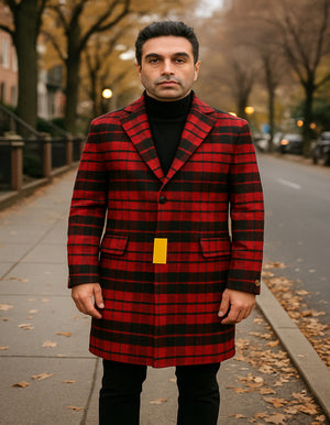 Mens Red and Black Plaid Wool Overcoat  Three Quarter Carcoat - Christmas Coat - Red Peacoat