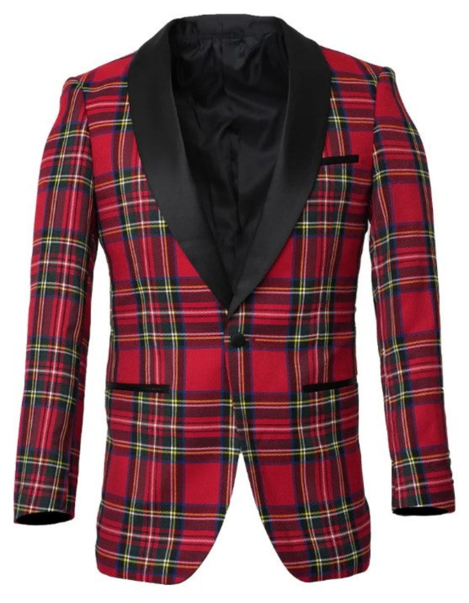 Mens Christmas Holiday Tuxedo Jacket Regular Fit in Red Tartan Plaid