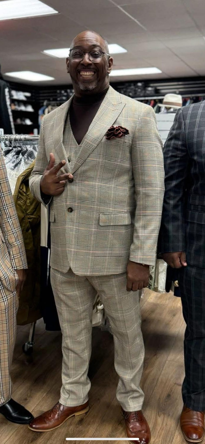 Mens Beige Plaid 3-Piece Suit  Classic Checkered Suit for Weddings, Church Vested Checkered Pattern
