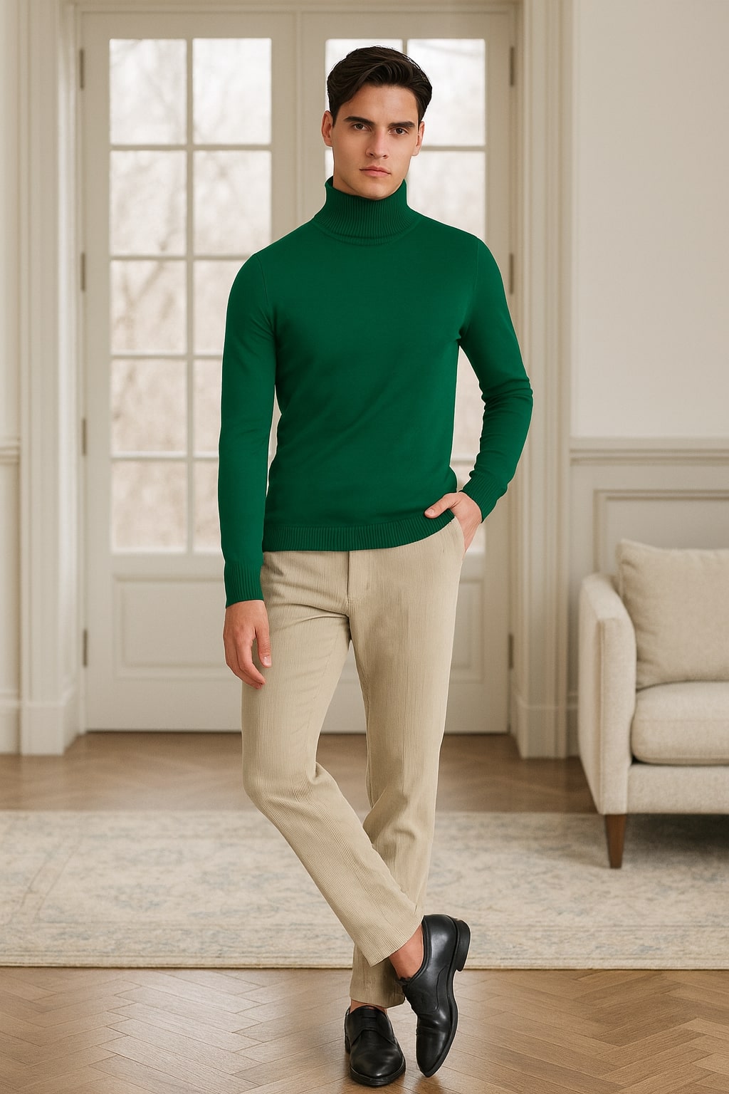Mens Classic Emerald Green Turtleneck Sweater  Slim Fit Knit Pullover