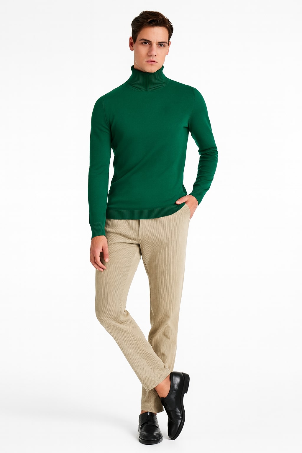 Mens Classic Emerald Green Turtleneck Sweater  Slim Fit Knit Pullover