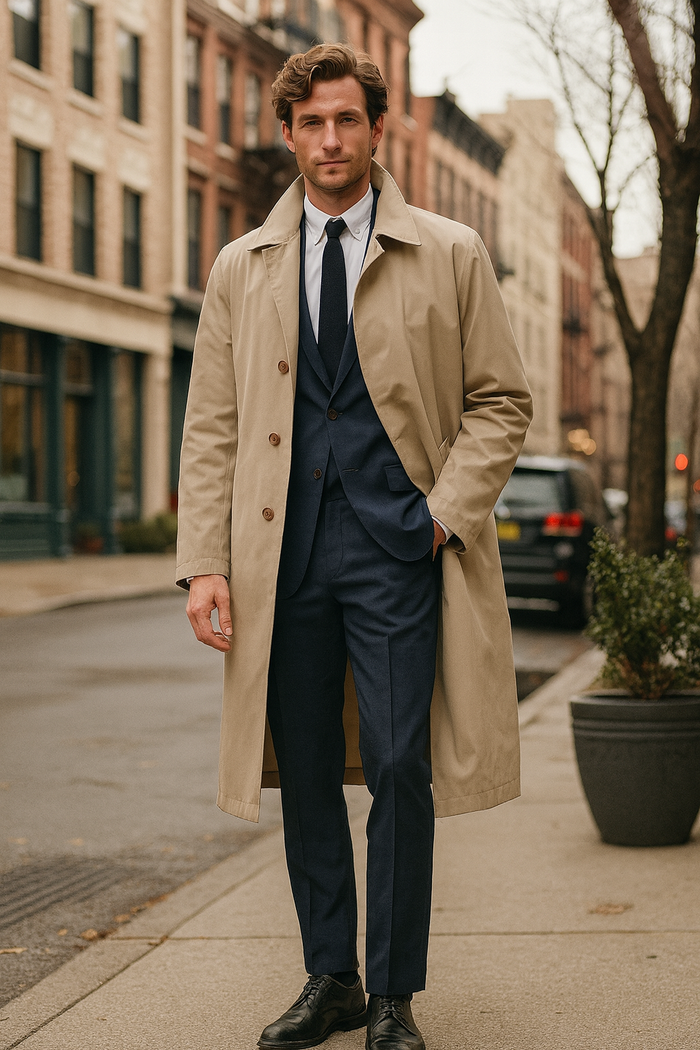 Mens Beige Trench Coat  Classic Long Overcoat with Button Front - Raincoat in Khaki Color