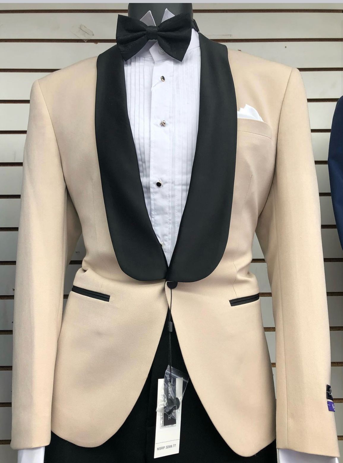 Mens Champagne Light Tan Tuxedo Jacket with Black Shawl Lapel  Classic One-Button Formal Dinner Jacket - Nude Color