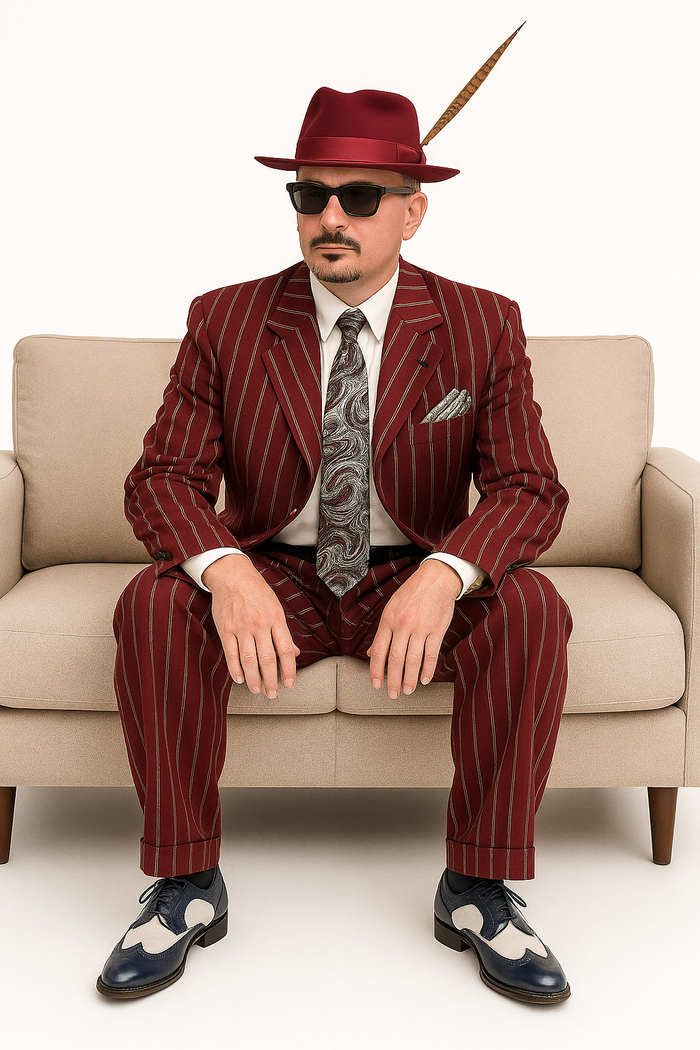 Burgundy Pinstripe Zoot Suit  3 Piece 1920s/1930s Gangster Outfit (Jacket and Pants and Vest) Vintage Fashion