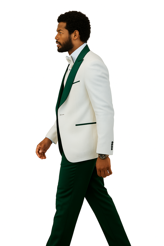 Hilton White and Hunter Green Paisley Peak Lapel Tuxedo Jacket with Matching Shawl Vest and Wool Pants  Includes Bow Tie