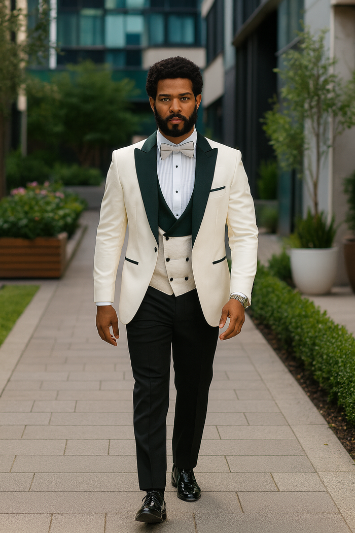 Hilton White and Black Paisley Peak Lapel Tuxedo Jacket with Matching Shawl Vest and Wool Pants  Includes Bow Tie