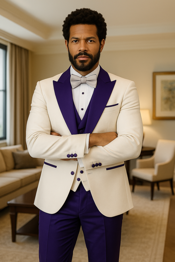 Hilton White and Purple Paisley Peak Lapel Tuxedo Jacket with Matching Shawl Vest and Wool Pants  Includes Bow Tie