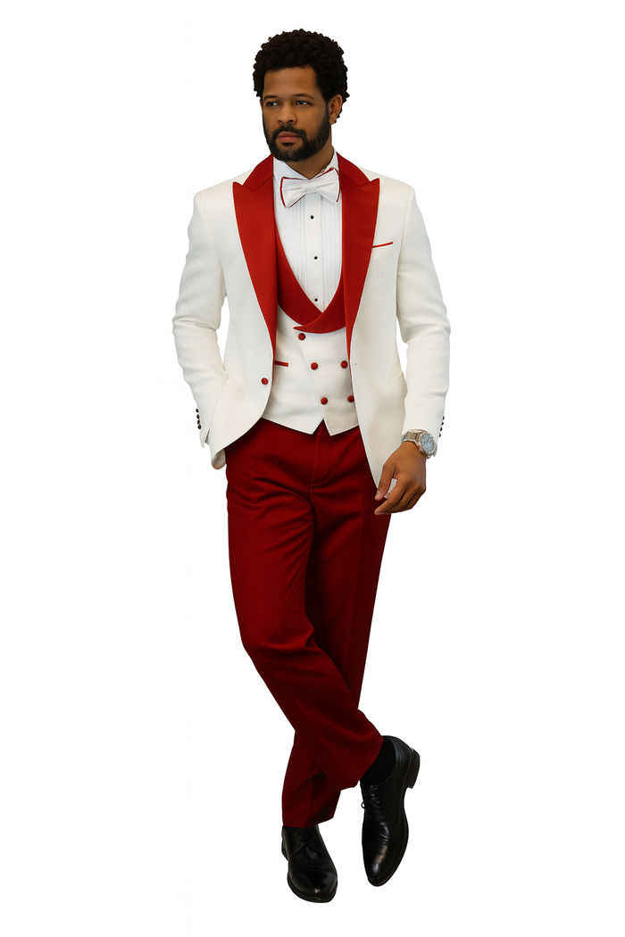 Hilton White and Red Paisley Peak Lapel Tuxedo Jacket with Matching Shawl Vest and Wool Pants  Includes Bow Tie