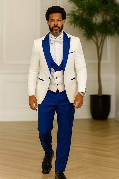 Hilton White and Royal Blue Paisley Peak Lapel Tuxedo Jacket with Matching Shawl Vest and Wool Pants  Includes Bow Tie