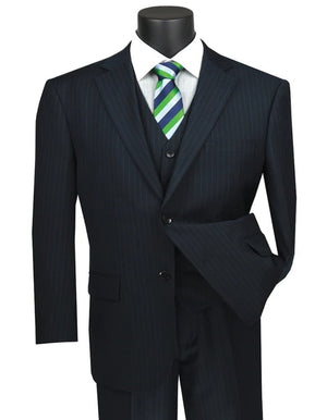 Men Suits - Mens Classic Fit Vested Banker Pinstripe Navy Blue Suit