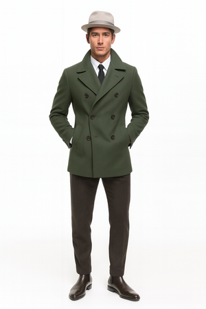 Olive Green Designer men's Wool Peacoat Sale Double Breasted Wool Fabric