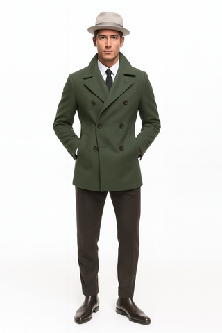 Olive Green Designer men's Wool Peacoat Sale Double Breasted Wool Fabric